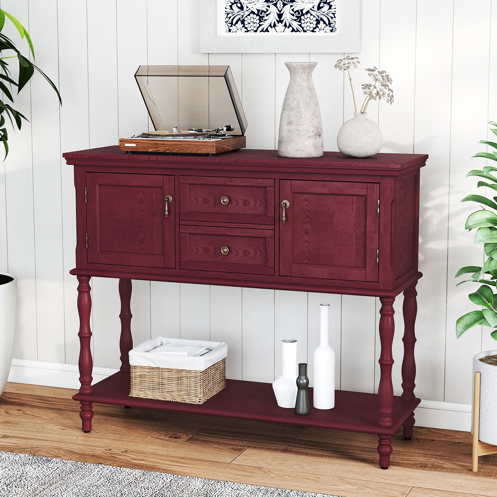 Retro Console Table With Storage, Narrow Entryway Table With 2 Drawers And 2 Door Cabinets, Long Sofa Table Behind Couch For Living Room, Foyer, Red_maomaolike.com